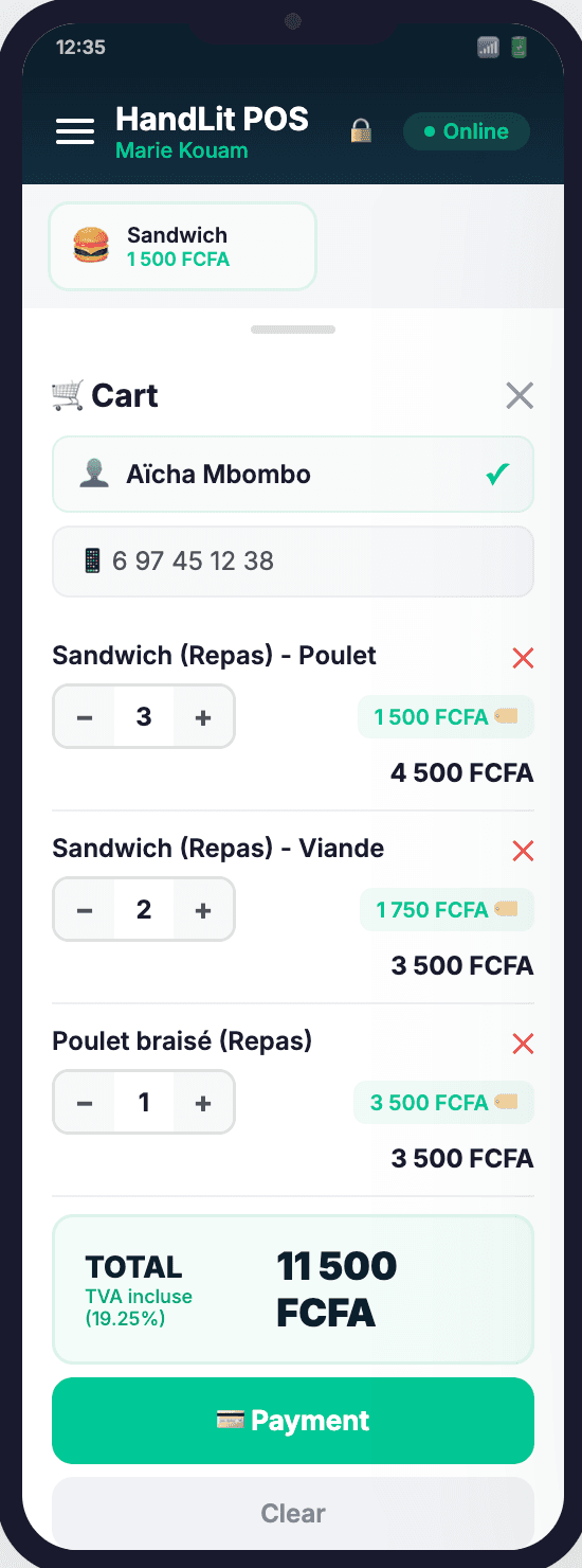 HandLit — panier de vente sur mobile